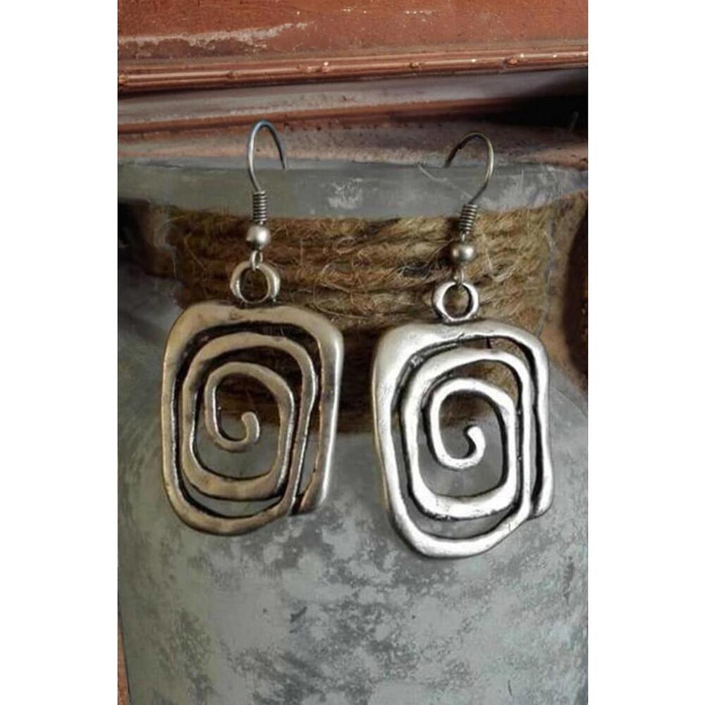Vintage Design Square Swirl Hook Earrings: Silver Tone